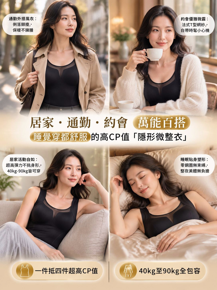 【視覺立減5KG】法式T型透膚沙漏曲線塑身發熱背心