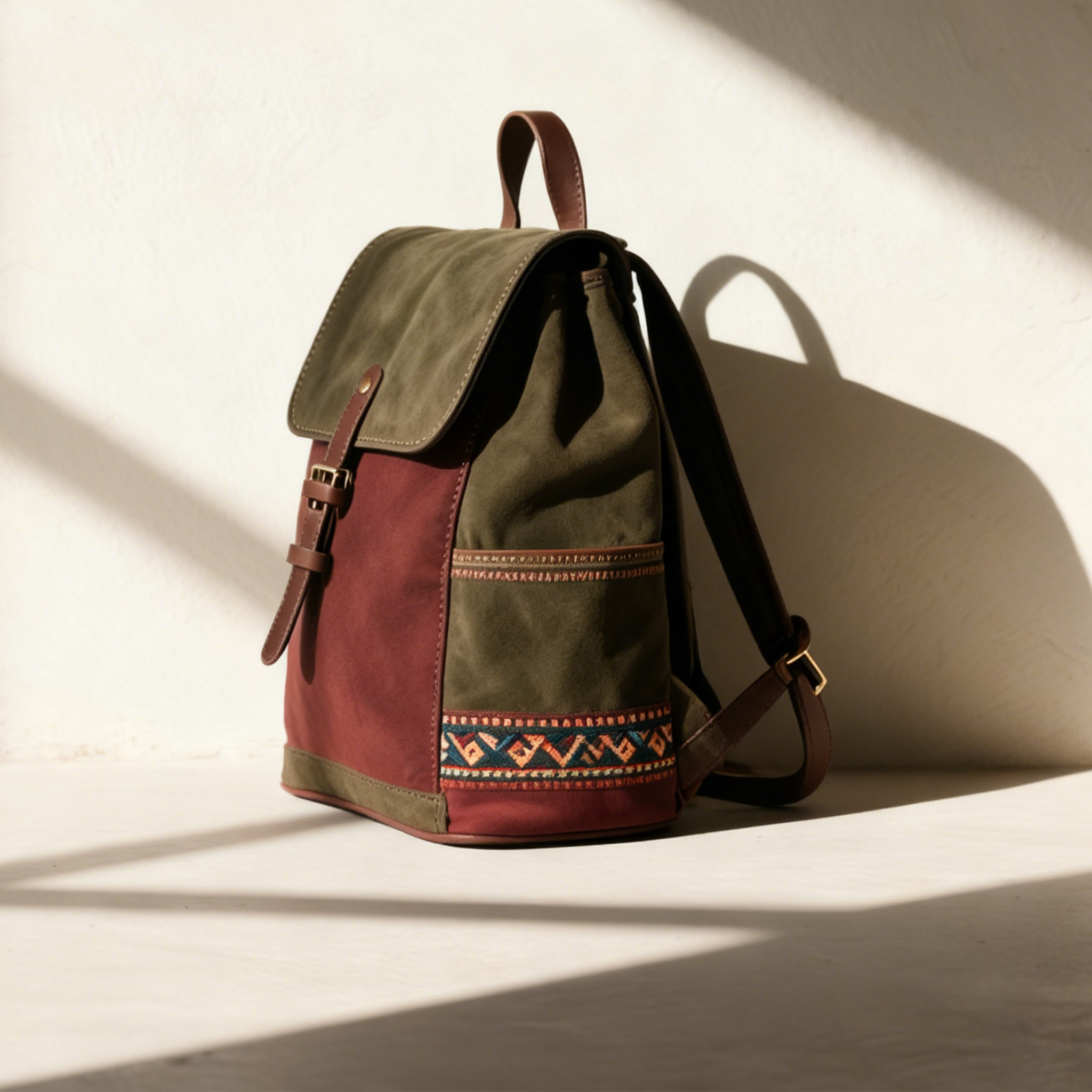 帆布皮革刺繡休閒背包