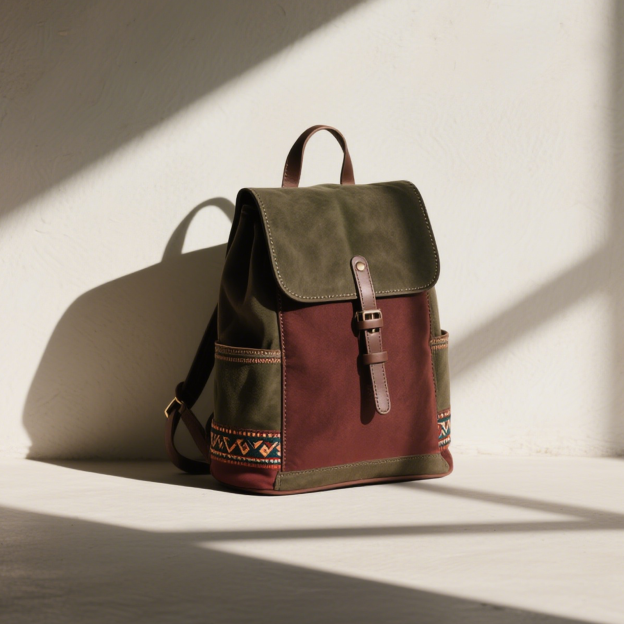 帆布皮革刺繡休閒背包