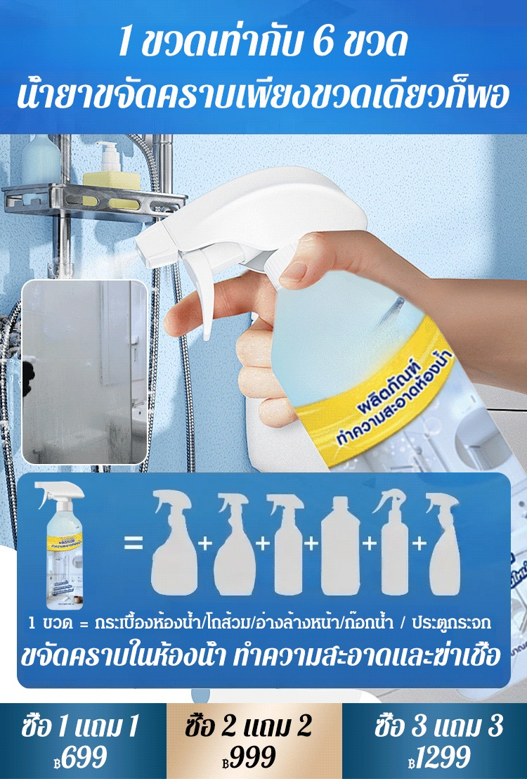 【ขวดเดียวจัดการคราบหลากหลาย】สเปรย์ทำความสะอาดห้องน้ำ