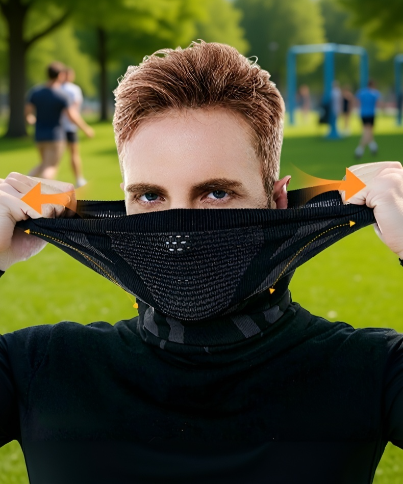 Cyclist wearing windproof and thermal cycling mask outdoors