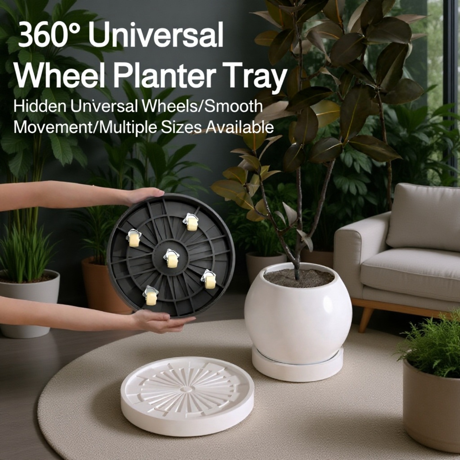 Nordic style round flower pot tray on wooden table