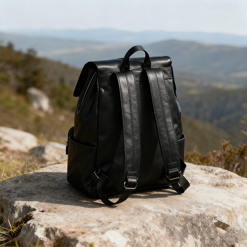 รายละเอียดซิปและสายกระเป๋าเป้หนัง