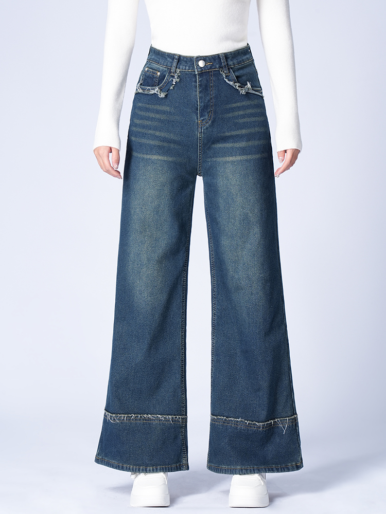 하이 웨스트 뒤 기모 와이드 데님 팬츠