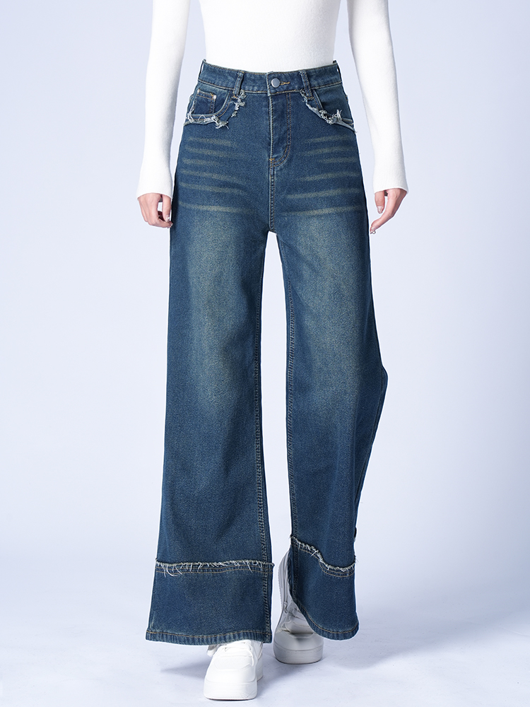 하이 웨스트 뒤 기모 와이드 데님 팬츠