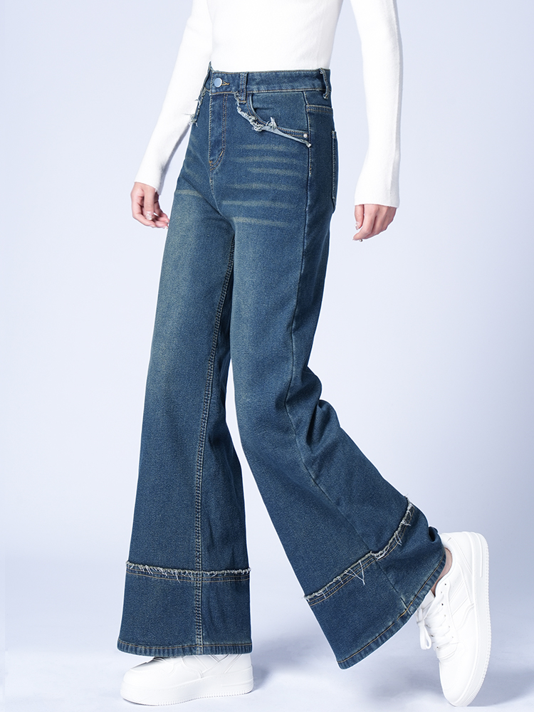 하이 웨스트 뒤 기모 와이드 데님 팬츠