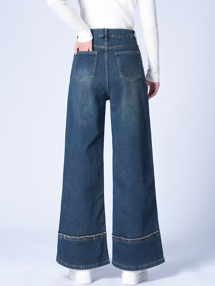 하이 웨스트 뒤 기모 와이드 데님 팬츠