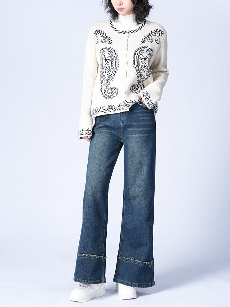 하이 웨스트 뒤 기모 와이드 데님 팬츠