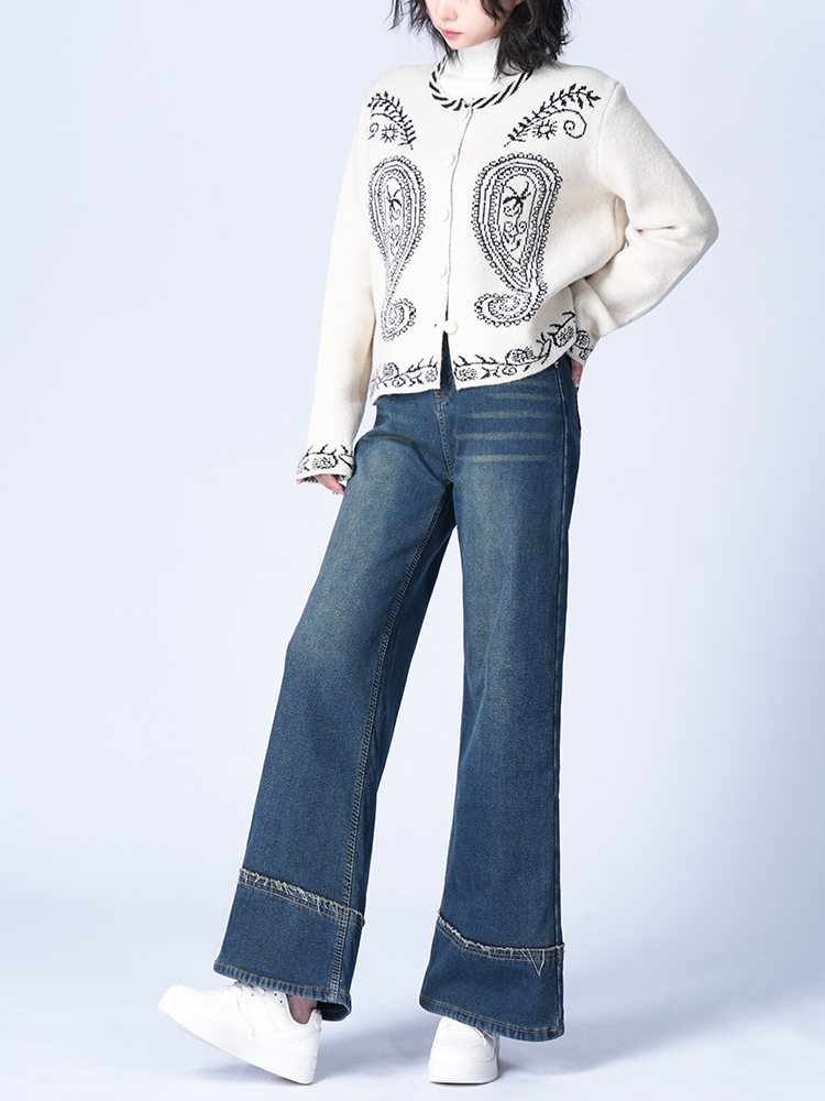 하이 웨스트 뒤 기모 와이드 데님 팬츠