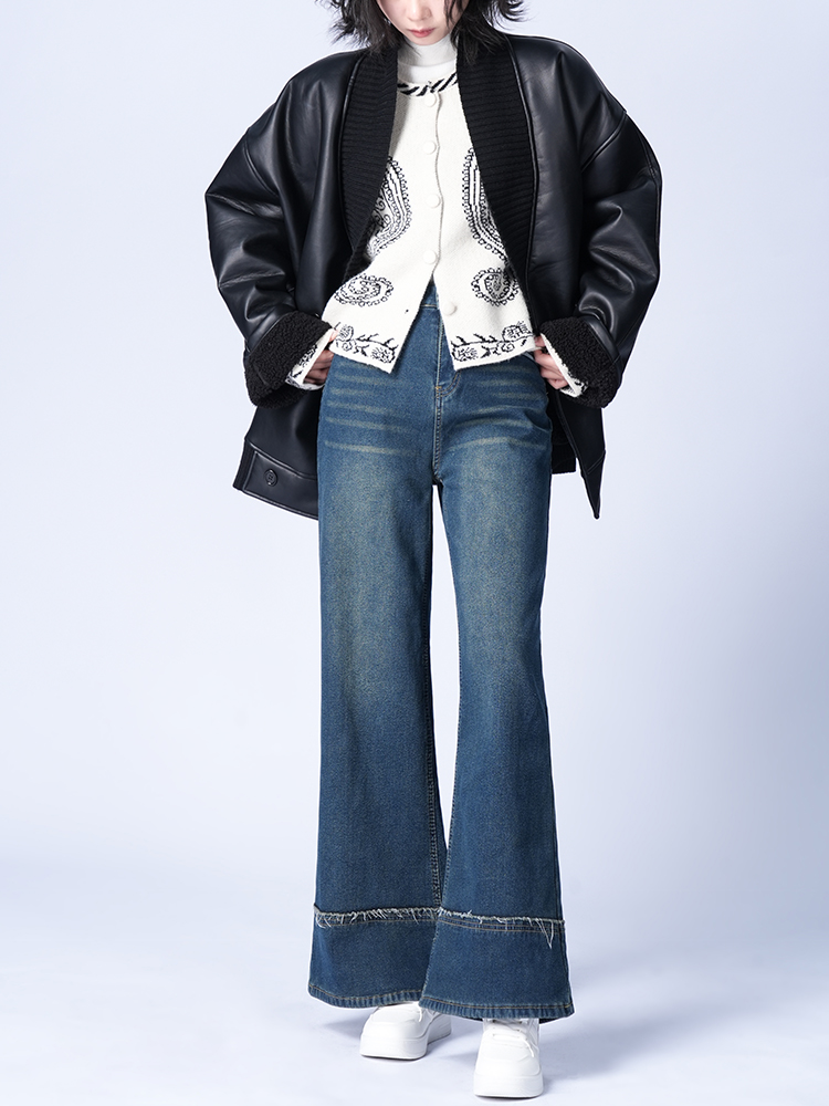 하이 웨스트 뒤 기모 와이드 데님 팬츠