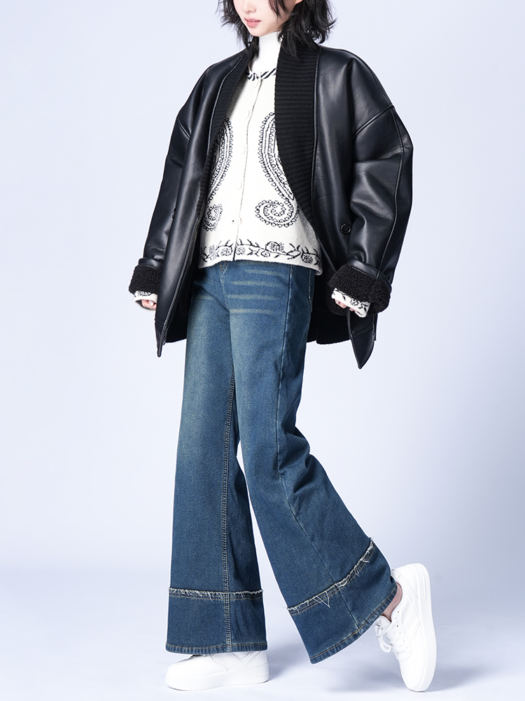 하이 웨스트 뒤 기모 와이드 데님 팬츠