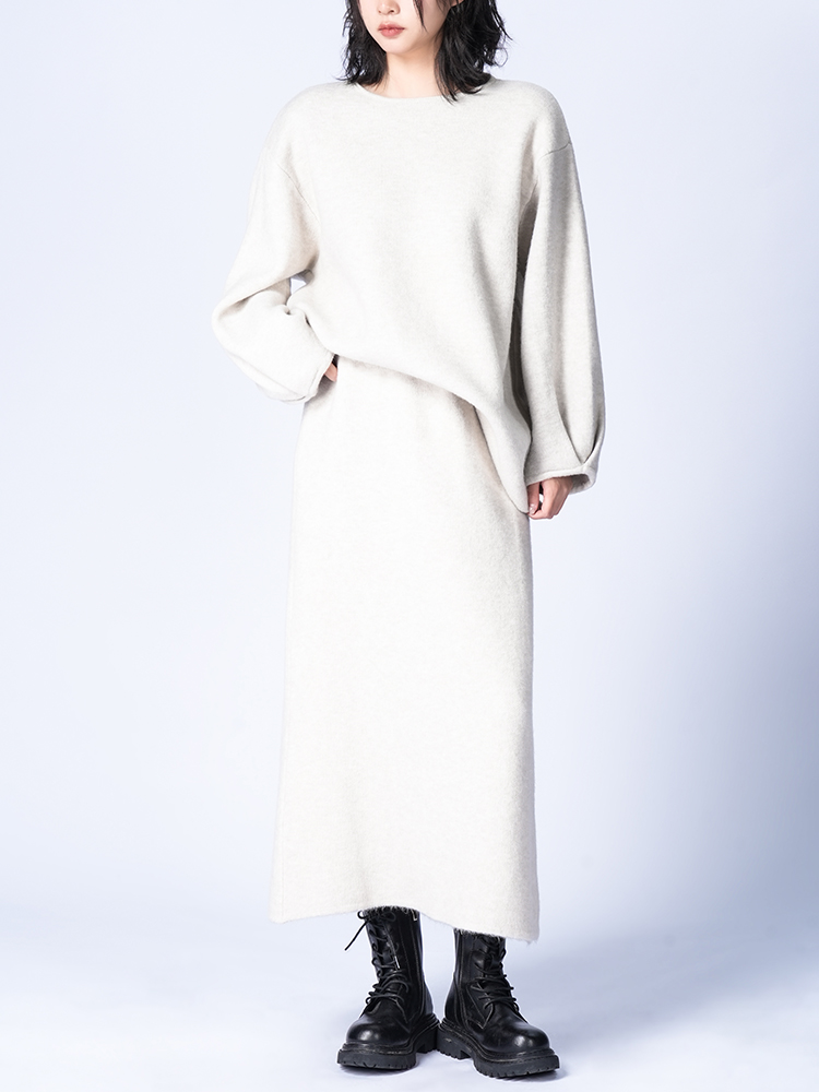 라운드 넥 니트 스커트 세트