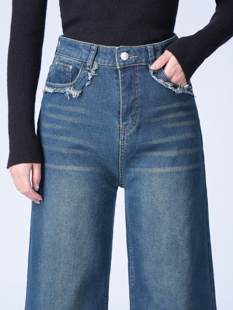 하이 웨스트 뒤 기모 와이드 데님 팬츠