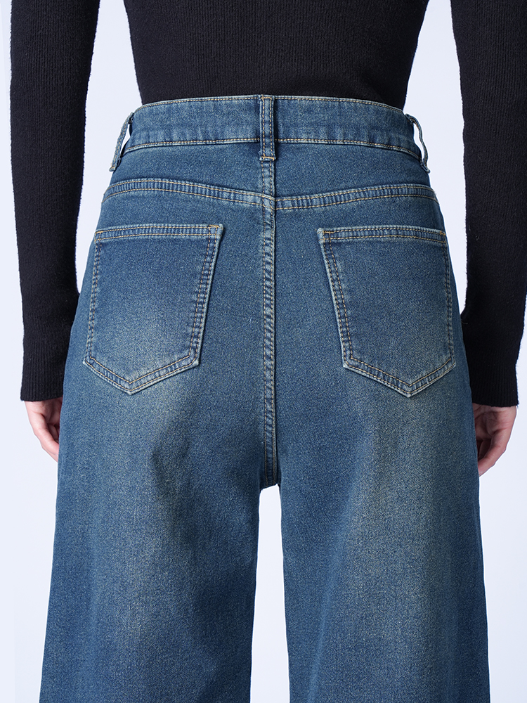 하이 웨스트 뒤 기모 와이드 데님 팬츠