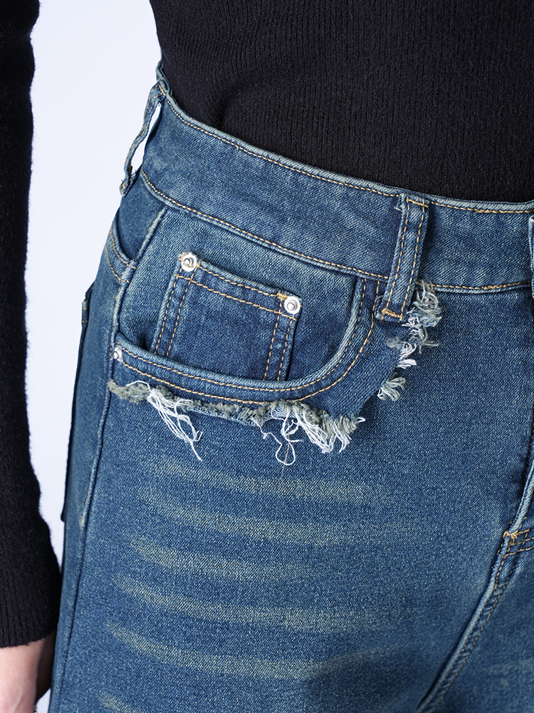 하이 웨스트 뒤 기모 와이드 데님 팬츠