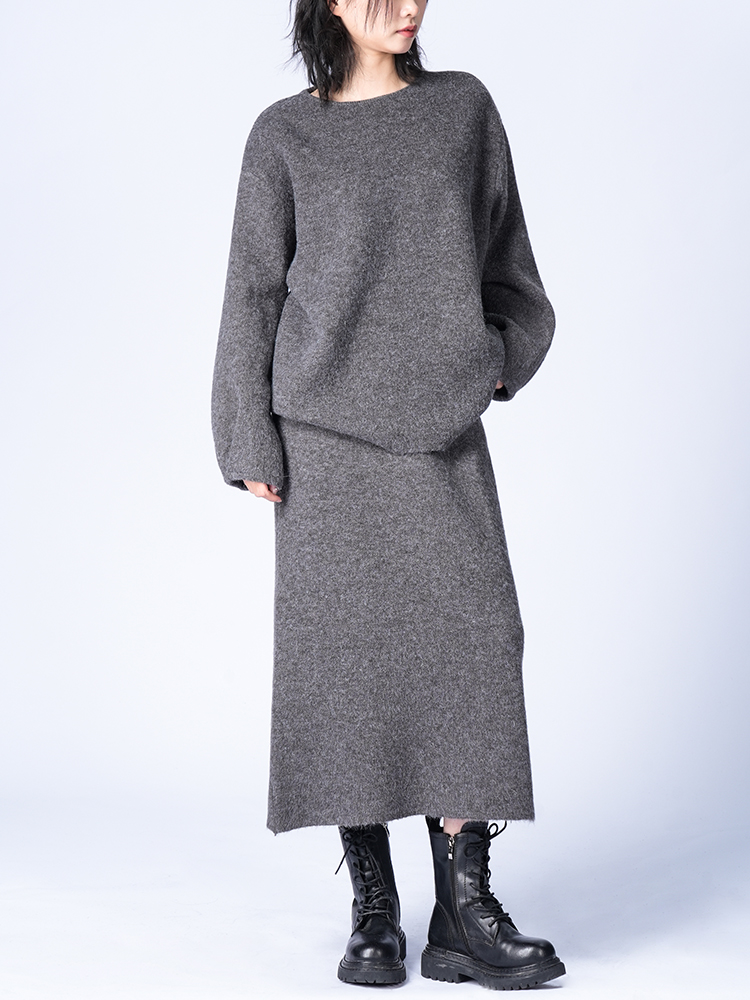 라운드 넥 니트 스커트 세트