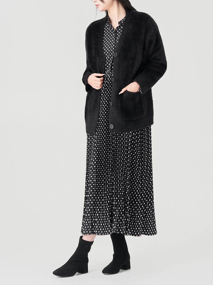 1307145 黑色波点九分袖连衣裙