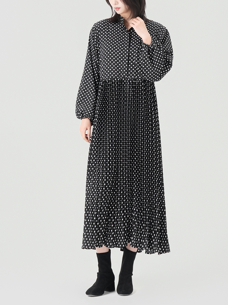 1307145 黑色波点九分袖连衣裙