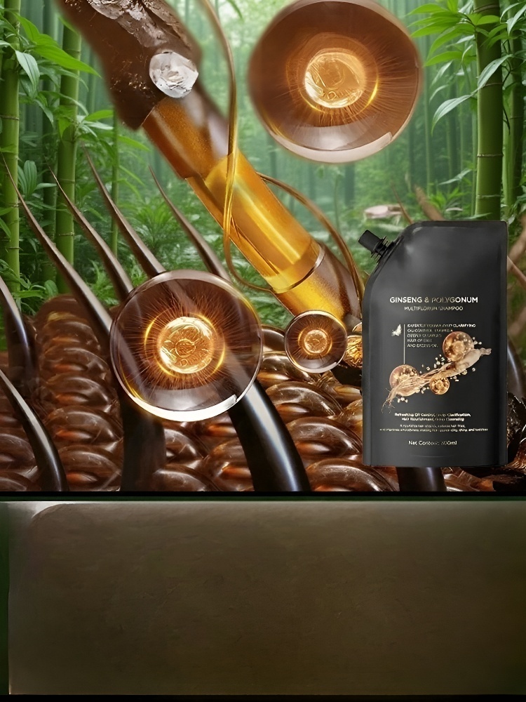 【ขจัดผมร่วง สร้างเส้นผมใหม่! 】แชมพูสมุนไพรเห็ดหลินจือดำและโชวู