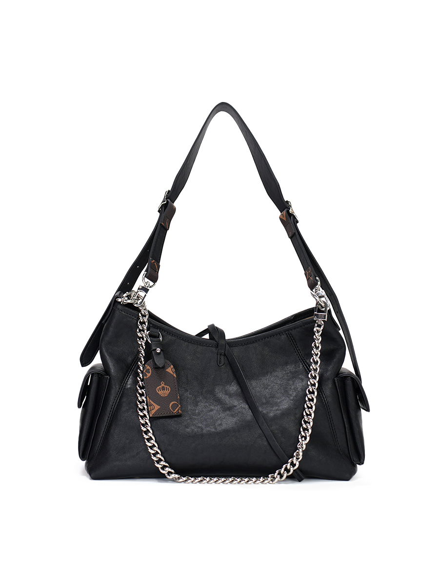 Chain-Decorated Multi-Pocket Hobo Bag