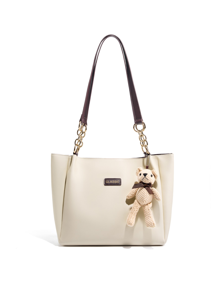 Cream white knitted teddy bear tote bag