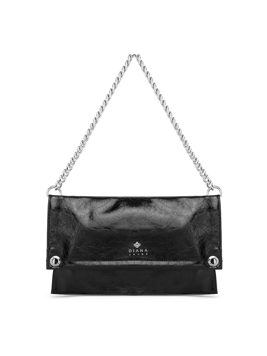 Black oil-waxed leather bag with silver chain