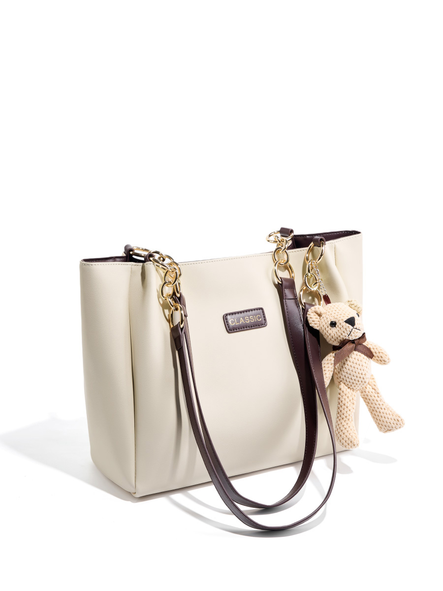Cream white knitted teddy bear tote bag