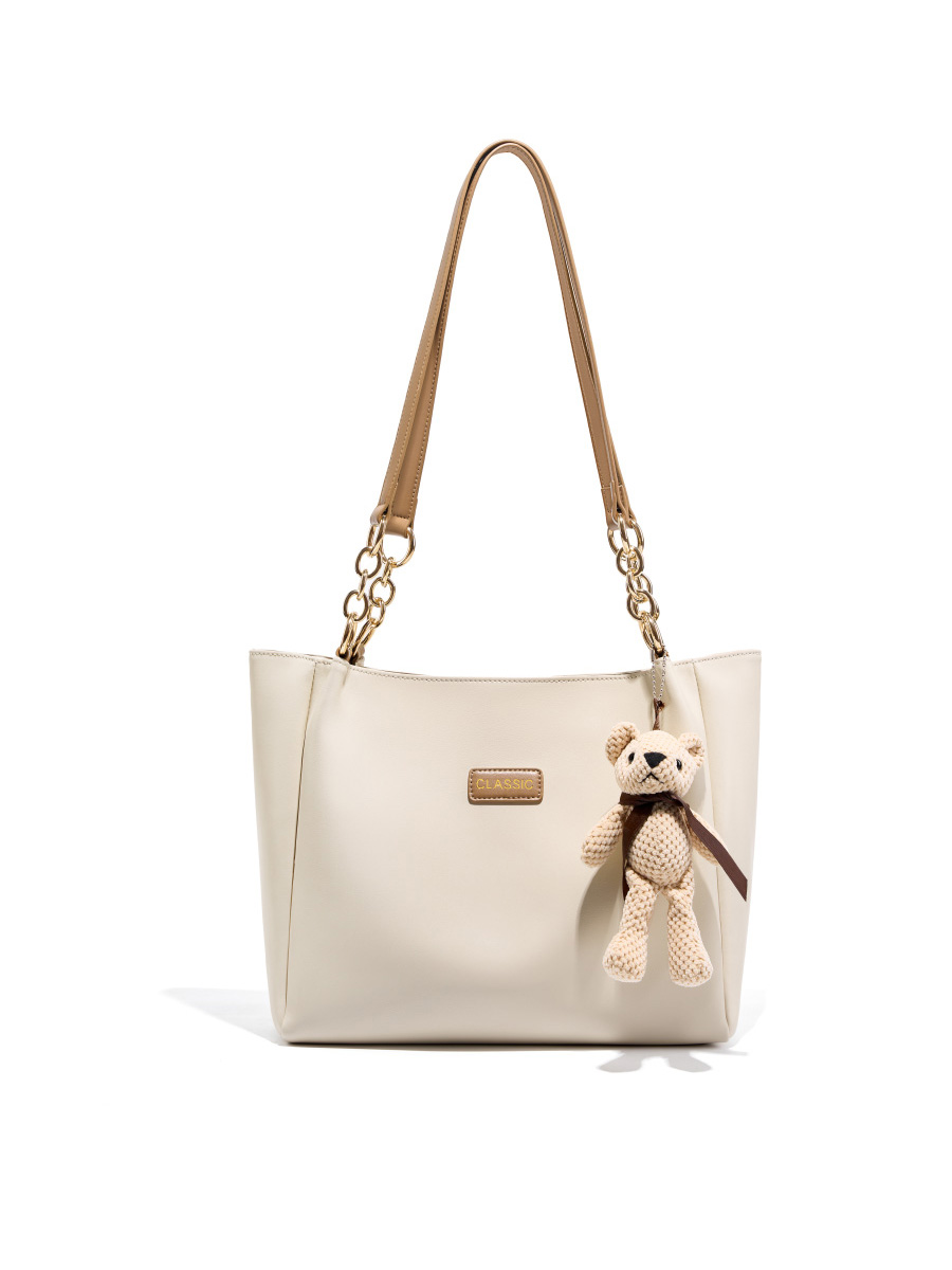 Cream white knitted teddy bear tote bag