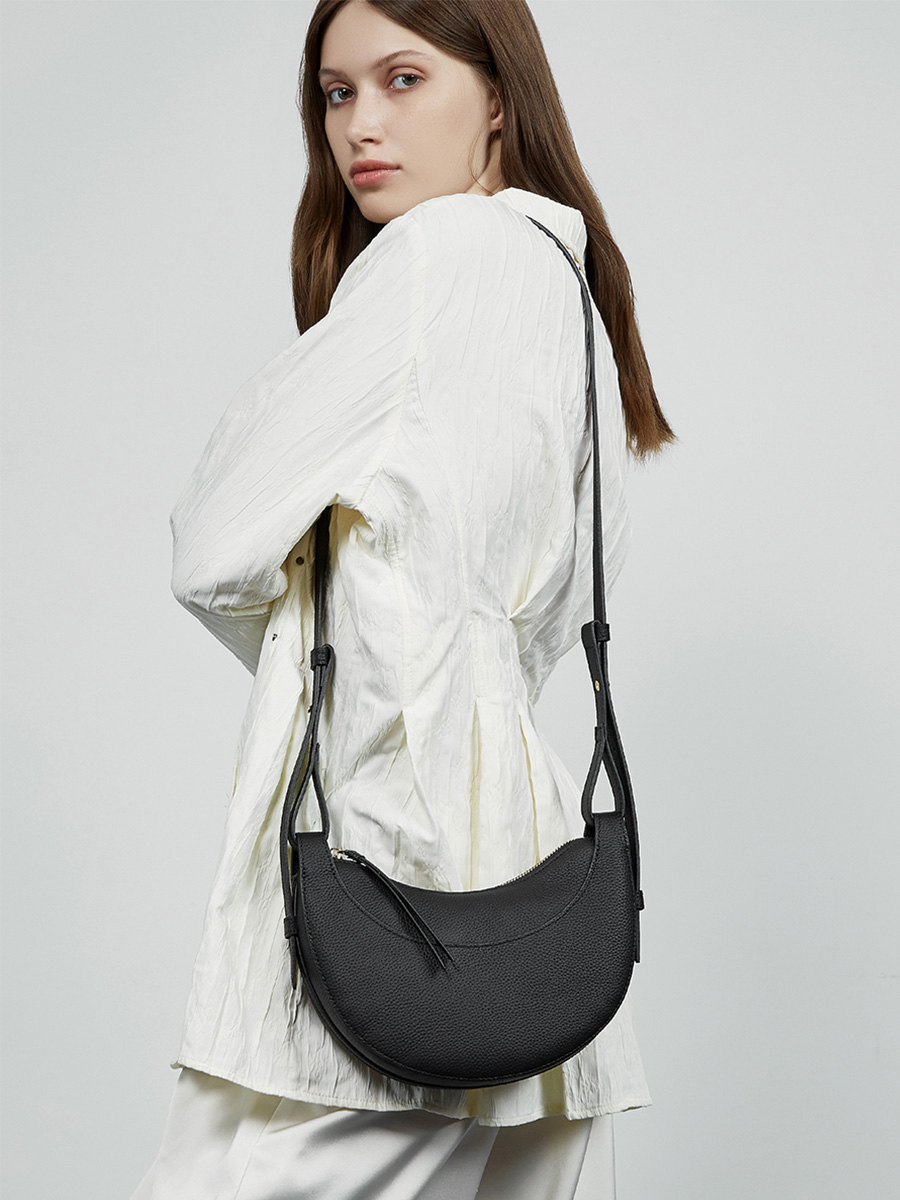 Classic Black Lychee Pattern Half Moon Bag