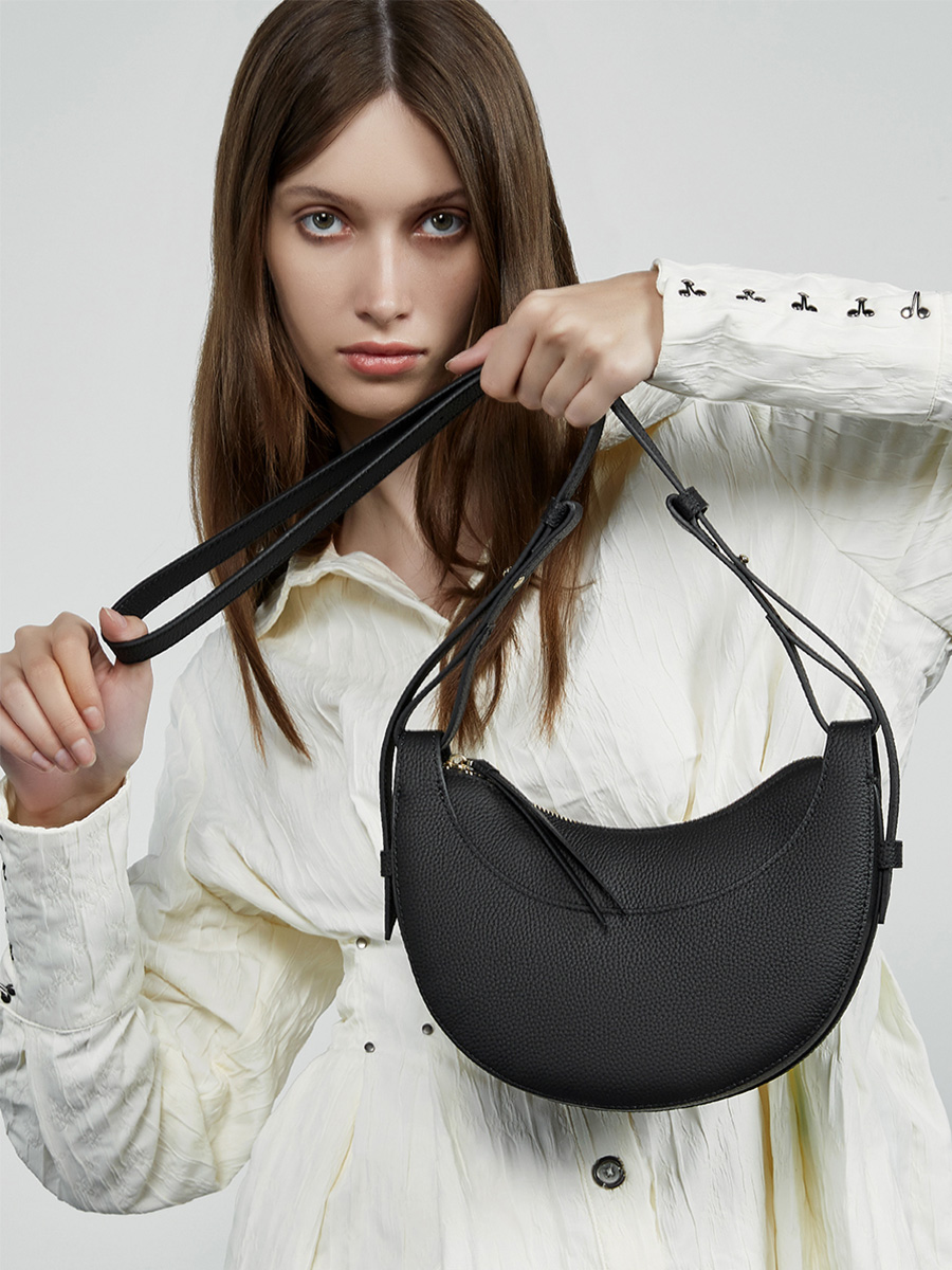 Classic Black Lychee Pattern Half Moon Bag