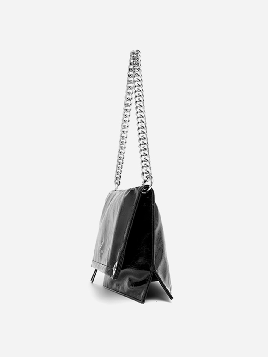 Black oil-waxed leather bag with silver chain