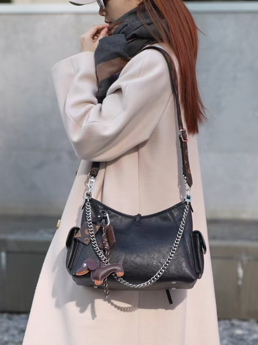 Chain-Decorated Multi-Pocket Hobo Bag