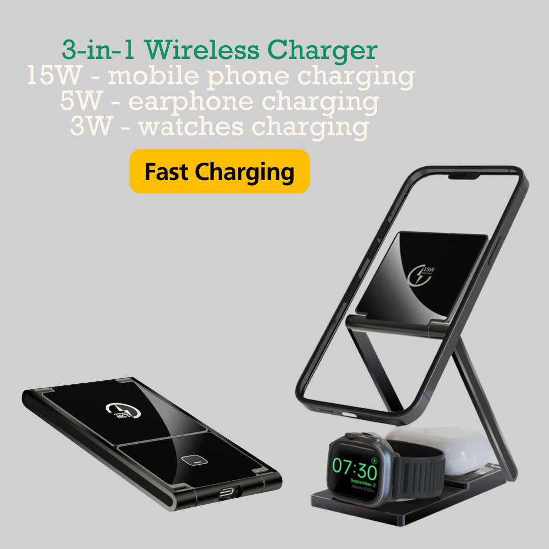 3 In 1 Wireless Charger Stand - Magnetic Foldable Fast Charging for iPhone, Airpods, Multiple Devices
