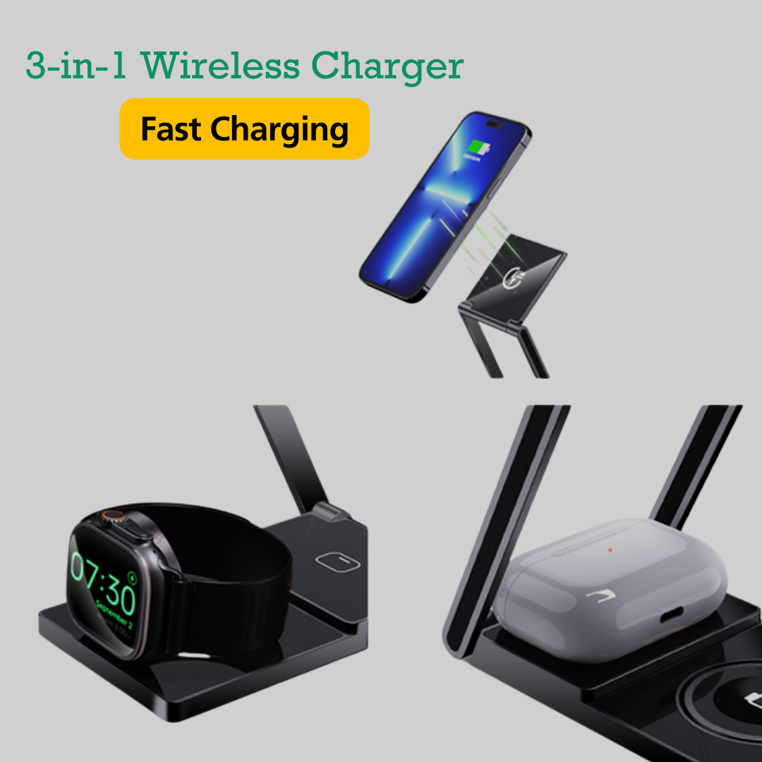 3 In 1 Wireless Charger Stand - Magnetic Foldable Fast Charging for iPhone, Airpods, Multiple Devices