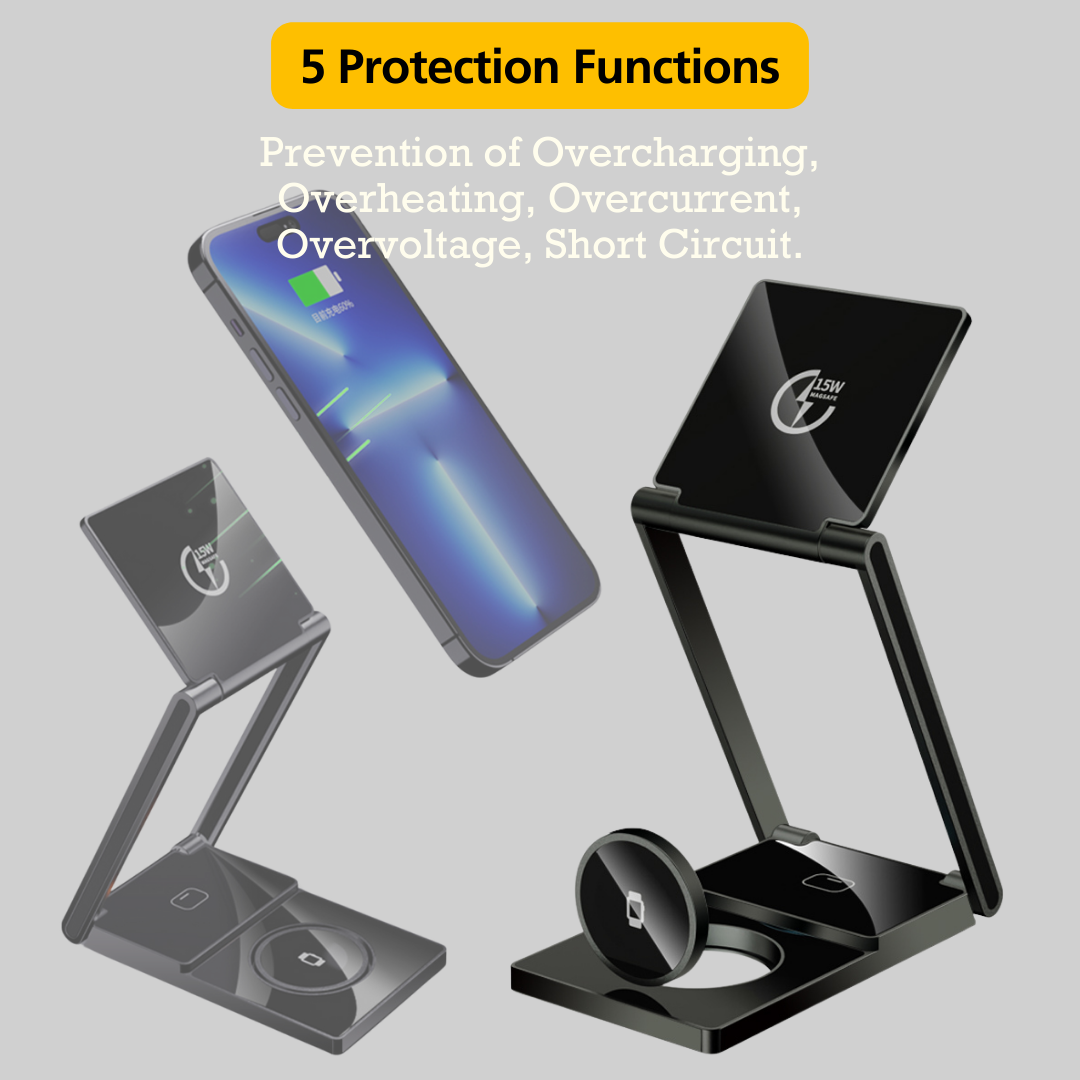 3 In 1 Wireless Charger Stand - Magnetic Foldable Fast Charging for iPhone, Airpods, Multiple Devices