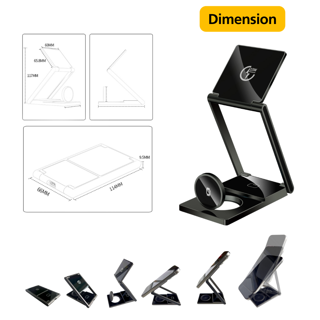 3 In 1 Wireless Charger Stand - Magnetic Foldable Fast Charging for iPhone, Airpods, Multiple Devices