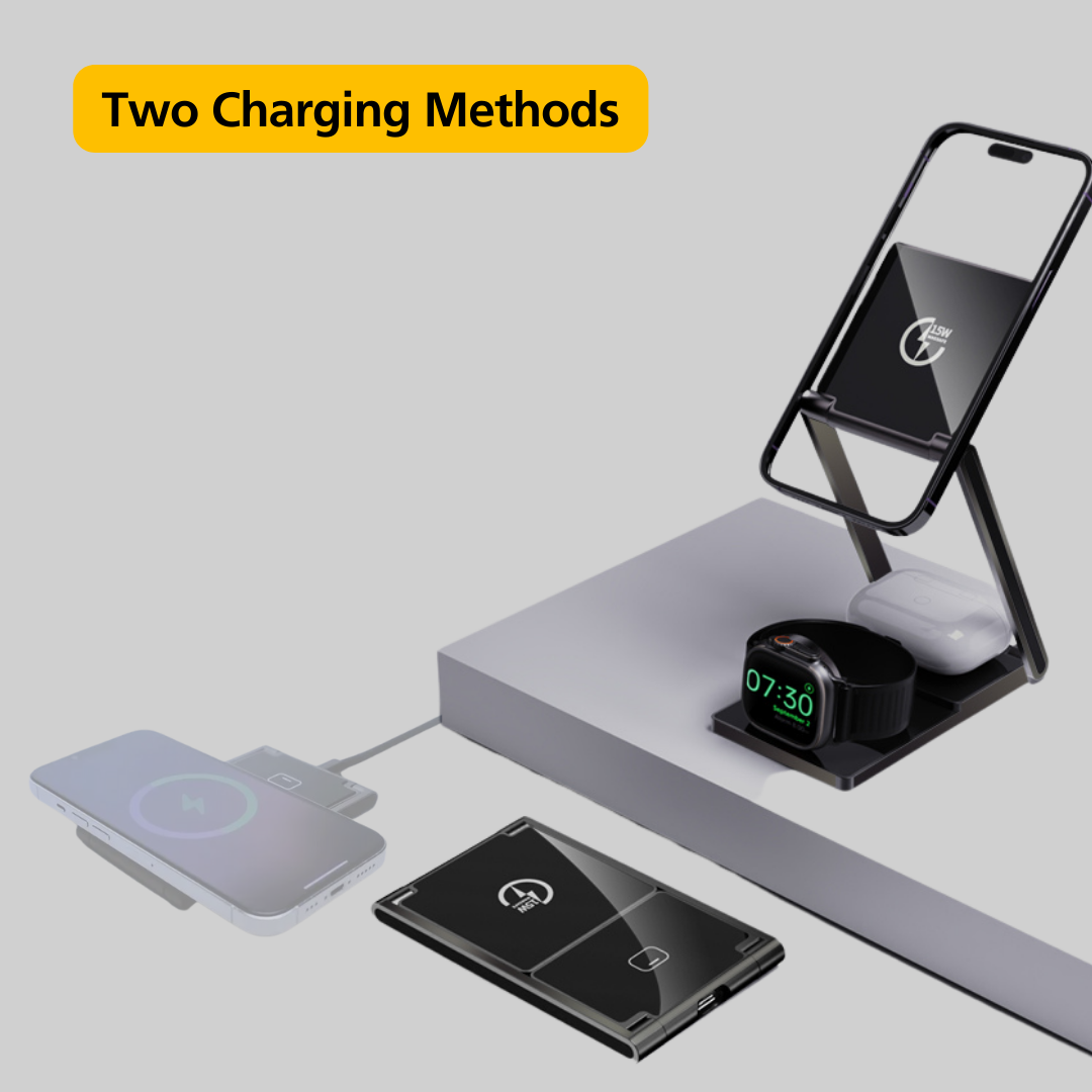3 In 1 Wireless Charger Stand - Magnetic Foldable Fast Charging for iPhone, Airpods, Multiple Devices