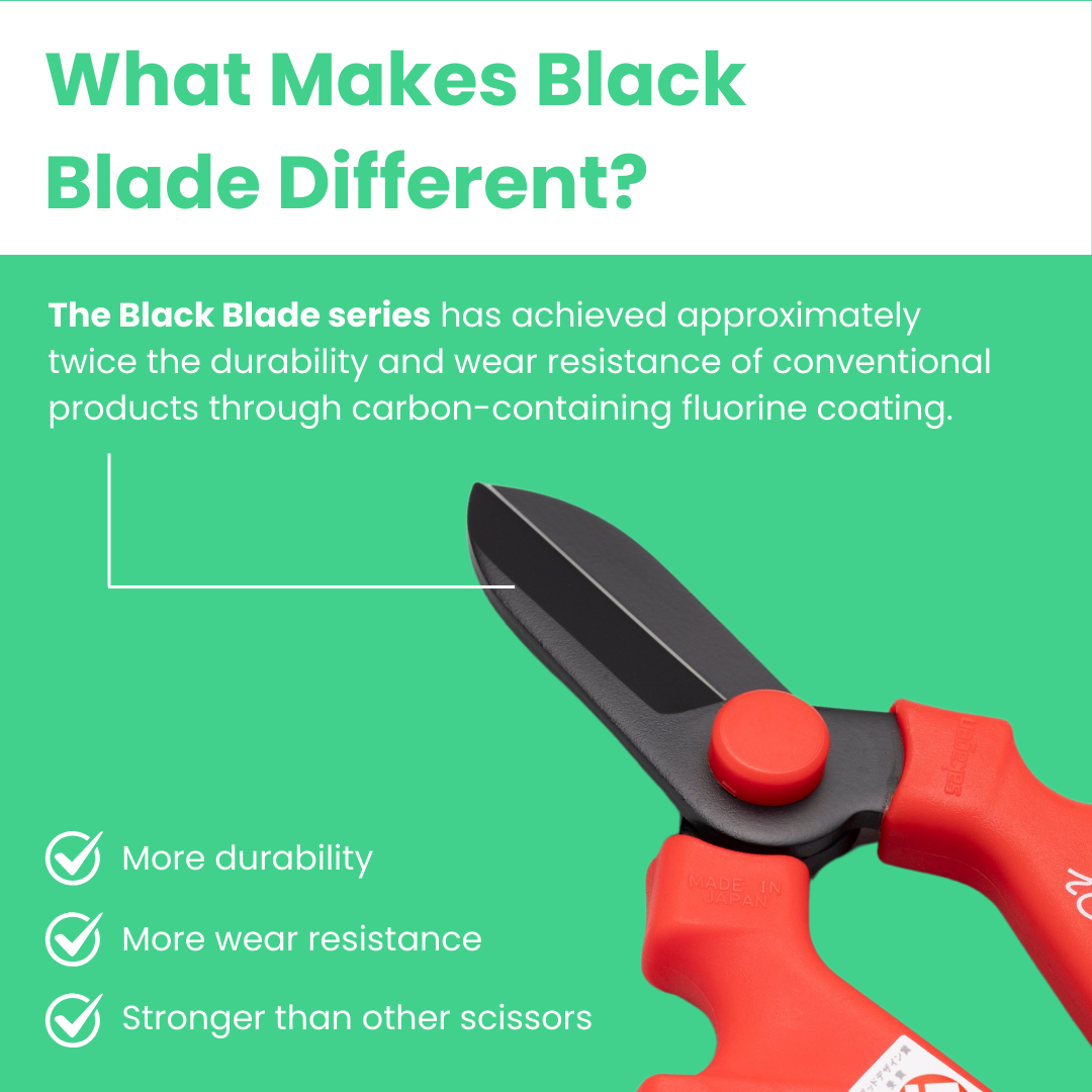 Sakagen Scissors Black Blade Series - Carbon Garden Steel Cutters for Plants, Flowers/Tree