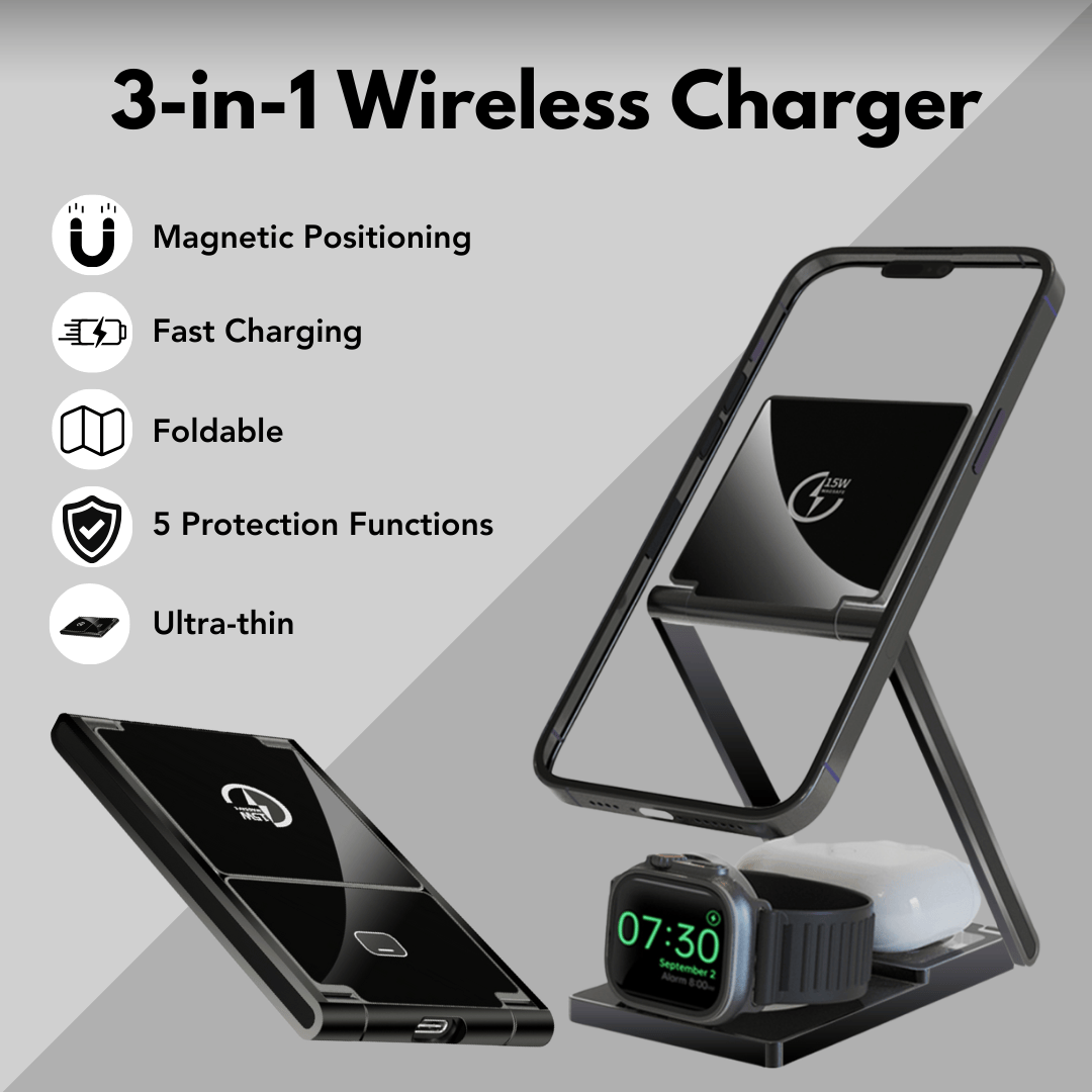 3 In 1 Wireless Charger Stand - Magnetic Foldable Fast Charging for iPhone, Airpods, Multiple Devices