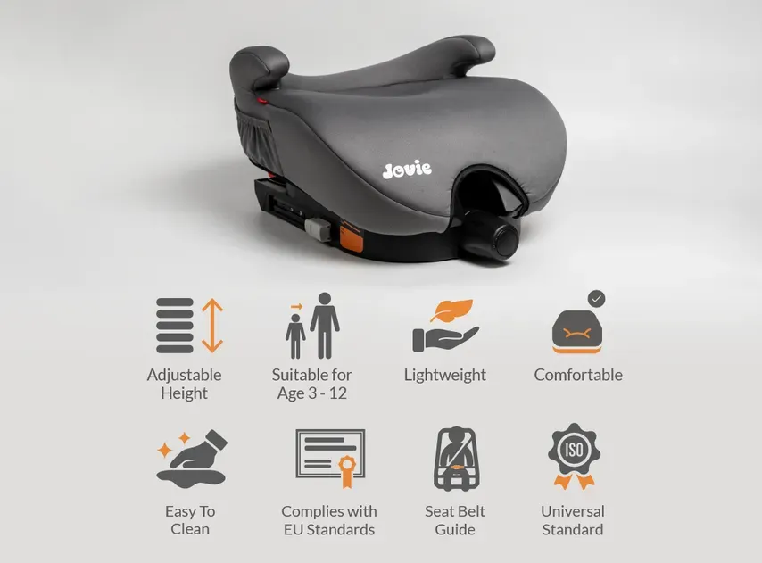Jovie Adjustable Booster Car Seat for Kids (3–12 Years) | Lightweight 4kg Child Car Seat | ISOFIX Compatible | Grey / Black