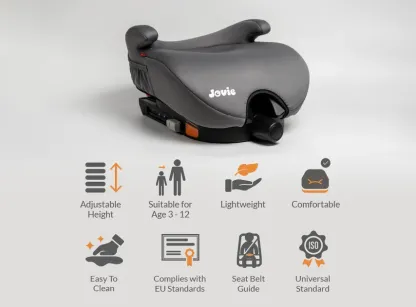 Jovie Adjustable Booster Car Seat for Kids (3–12 Years) | Lightweight 4kg Child Car Seat | ISOFIX Compatible | Grey / Black