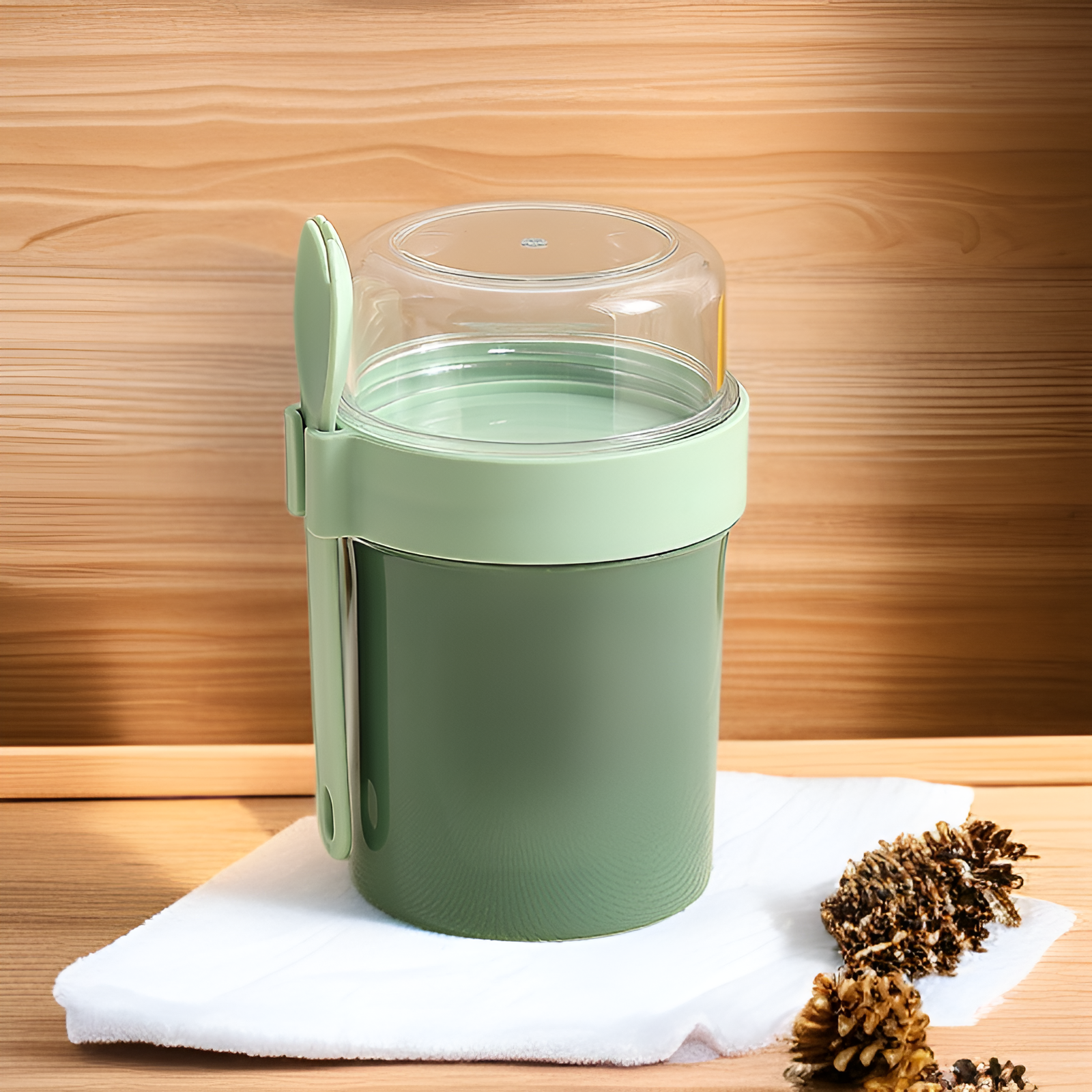 ถ้วยสลัดข้าวโอ๊ตสองชั้นที่มีฝาปิดพร้อมช้อนถ้วยอาหารเช้า