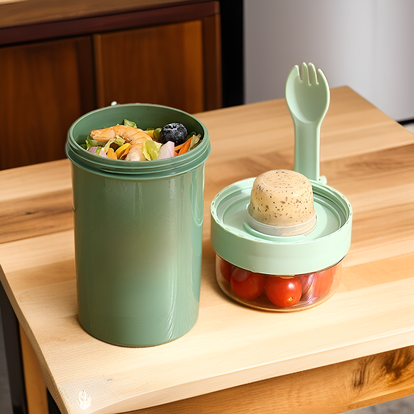 ถ้วยสลัดข้าวโอ๊ตสองชั้นที่มีฝาปิดพร้อมช้อนถ้วยอาหารเช้า