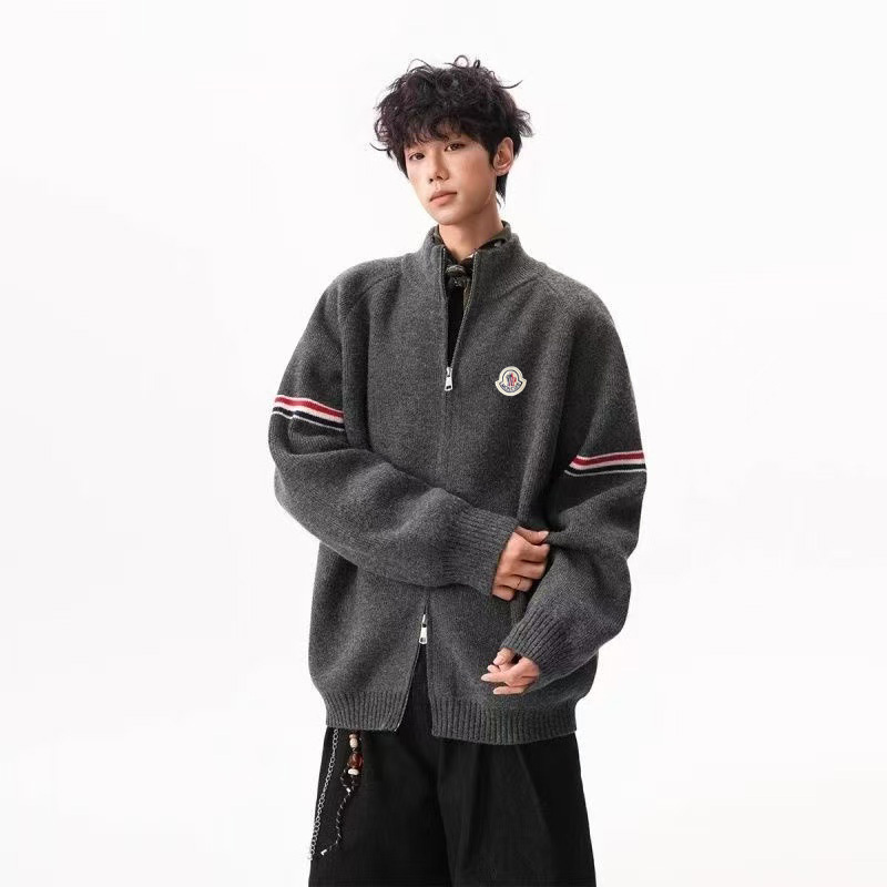 『M-2XL』男女兼用のストライプ柄スタンドカラーカーディガンセーター、秋冬用の高級ダブルジッパーニットウェア。