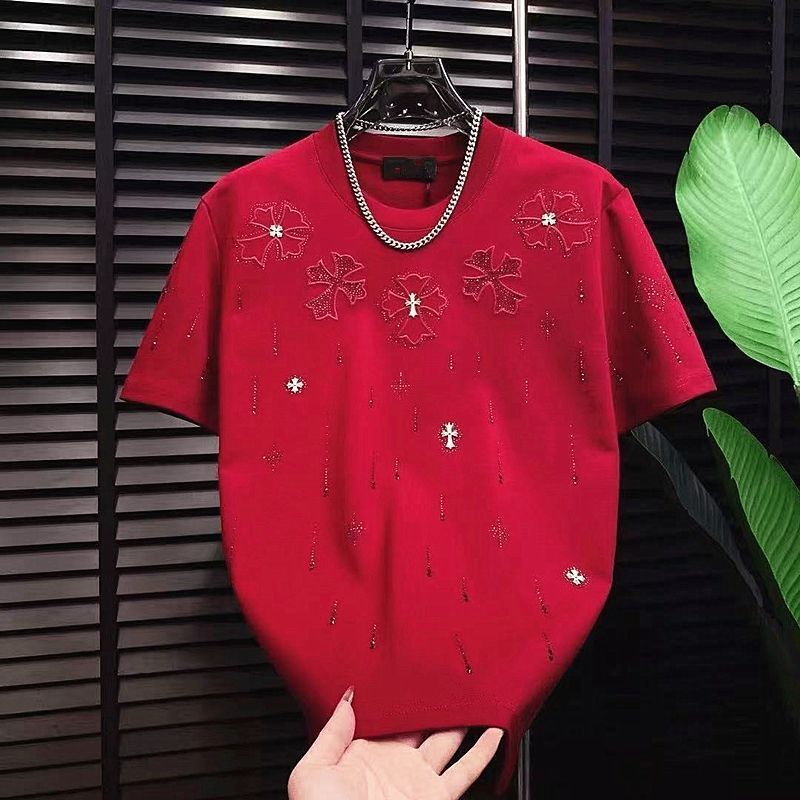 『S-4XL』メンズ向け新作ラグジュアリーカジュアルTシャツ：クルーネック、刺繍ラインストーン入り半袖