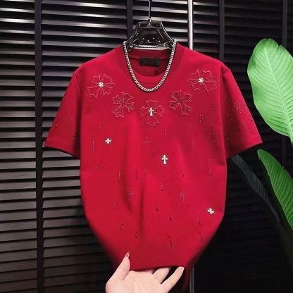 『S-4XL』メンズ向け新作ラグジュアリーカジュアルTシャツ：クルーネック、刺繍ラインストーン入り半袖