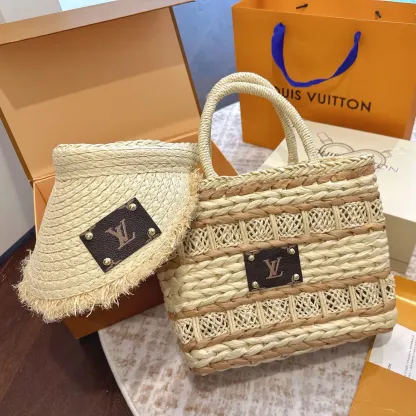 絶対欲しい！目立つ ナチュラル 高品質 麦わら帽子 編みバッグ セット