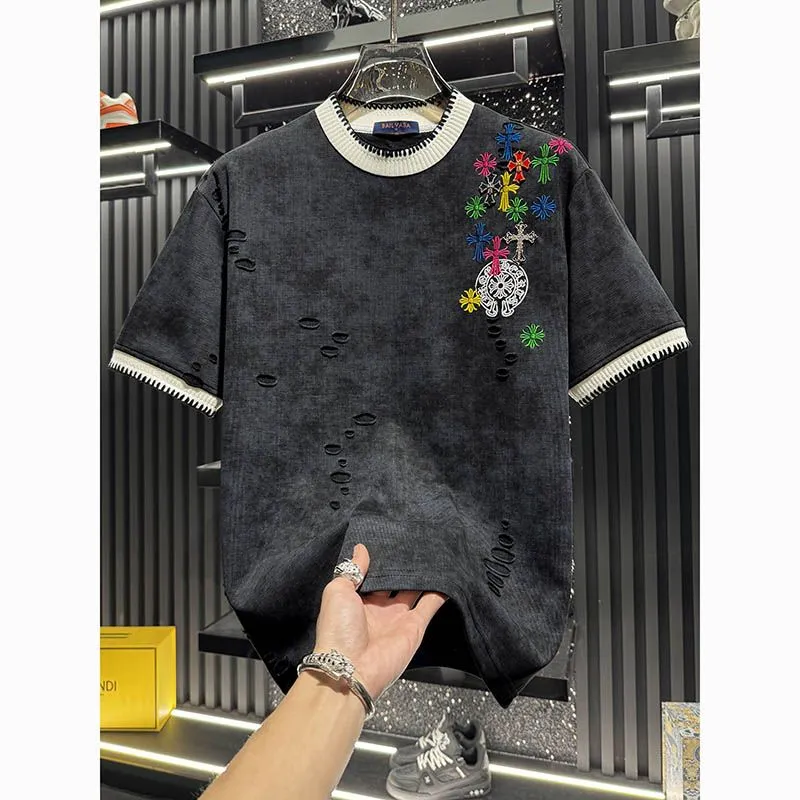 『M-4XL』新作夏物高級刺繍入りメンズ半袖Tシャツ