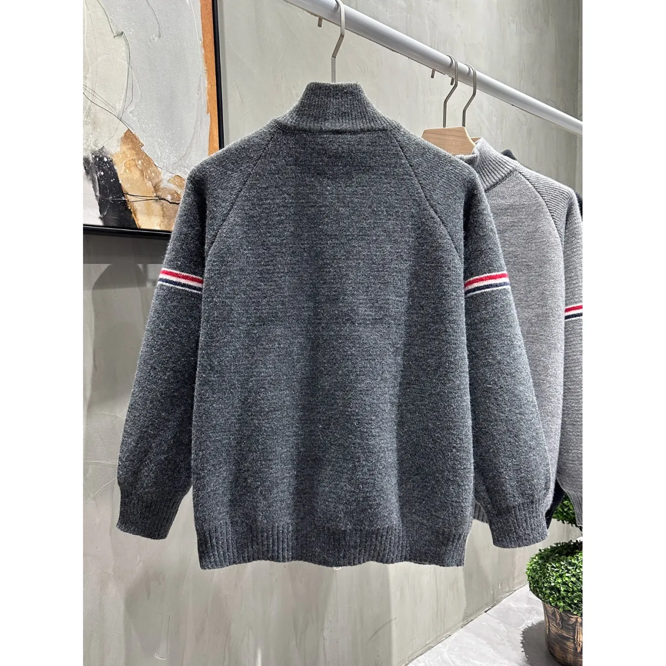 『M-2XL』男女兼用のストライプ柄スタンドカラーカーディガンセーター、秋冬用の高級ダブルジッパーニットウェア。