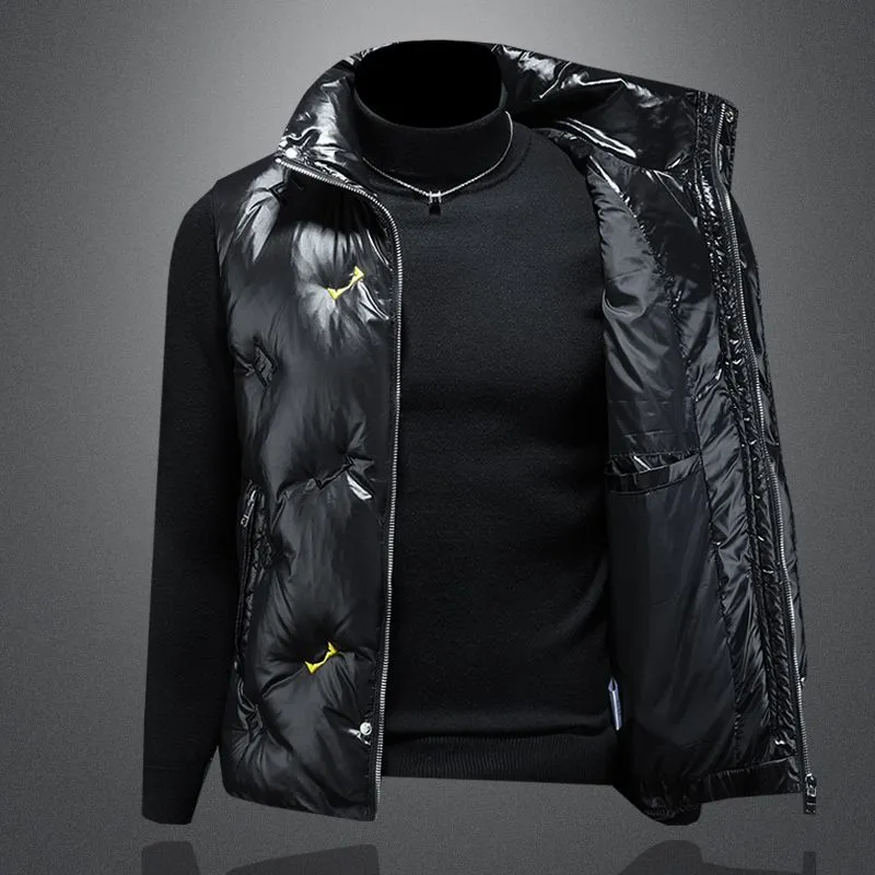 メンズダウンベスト、スタイリッシュなスタンドカラー、秋冬用の暖かいアウター